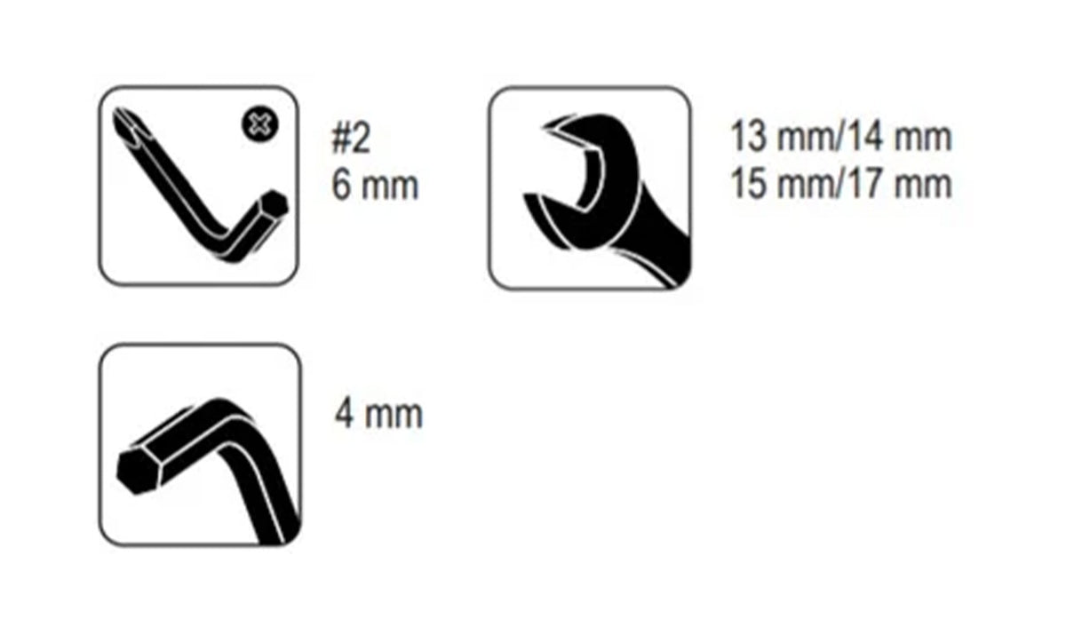 Technical specification diagram showing tool attachment sizes: a hex bit labeled #2 6 mm, a wrench labeled 13 mm/14 mm and 15 mm/17 mm, and an Allen wrench labeled 4 mm, on a white background.