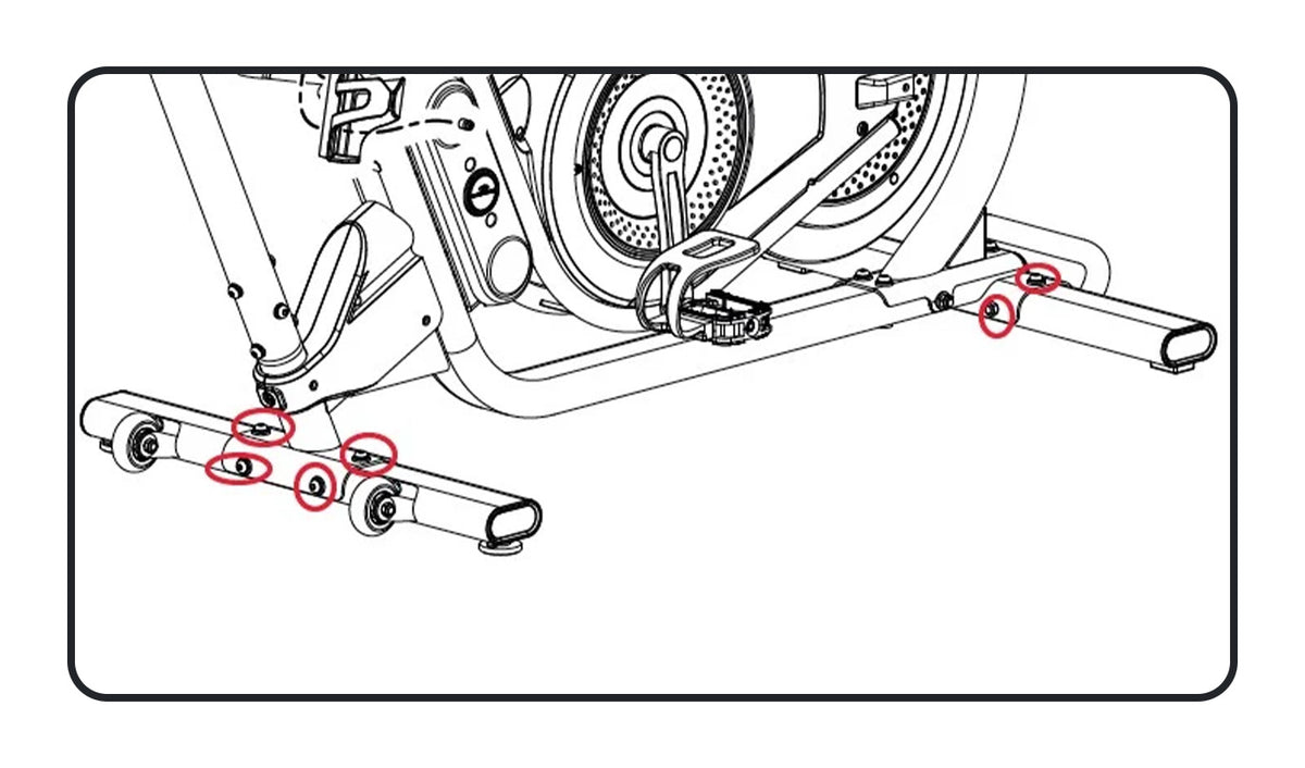 Black and white line drawing of the lower BowFlex VeloCore Bike 22 frame with red circles highlighting the stabilizer fasteners.