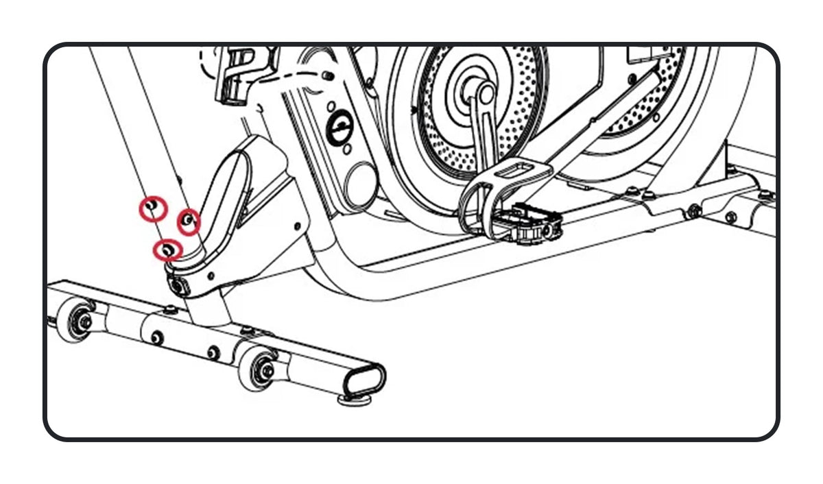 Black and white line drawing diagram of the BowFlex VeloCore Bike 22 lower frame and foot pedal area, with red circles highlighting specific connection points.