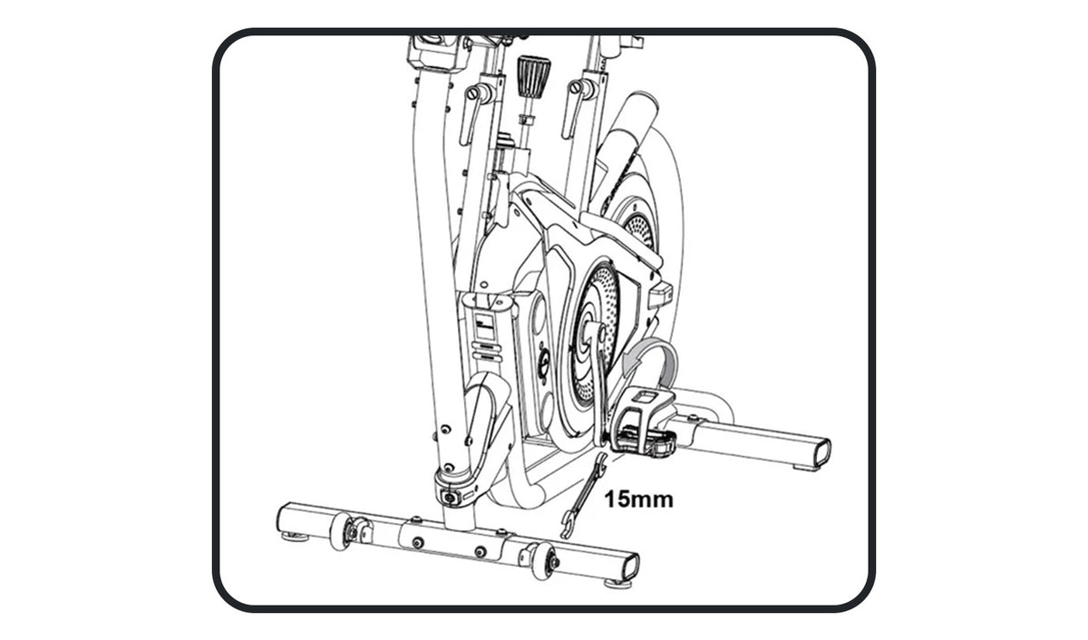 Black and white line drawing of the BowFlex VeloCore Bike 22 frame with a 15mm wrench hovering next to the left side pedal.