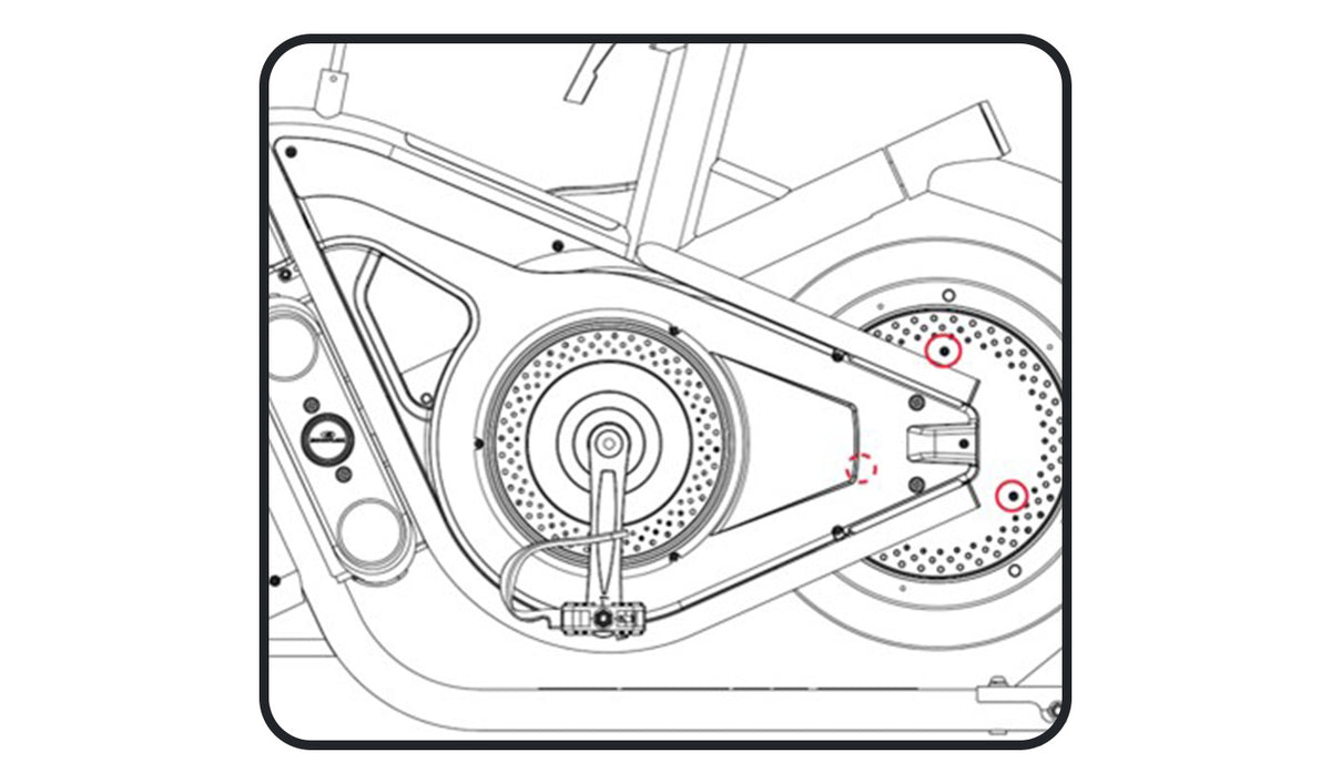 A black and white line drawing of the BowFlex VeloCore Bike 22 rear wheel and frame, highlighting the three flywheel shroud screws.