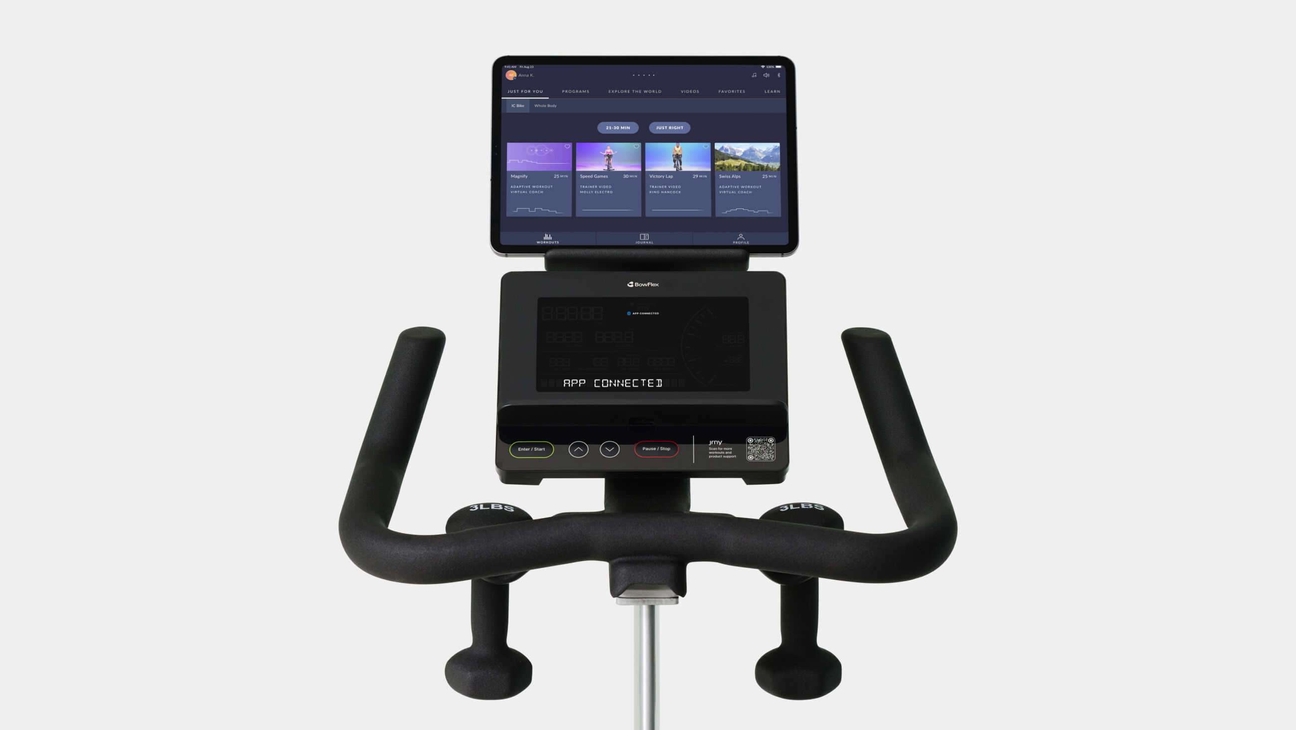 IC Bike SE console with a tablet resting on the media shelf - default view