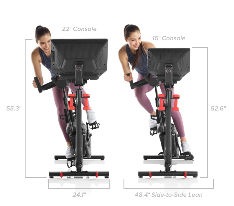 VeloCore Bike Dimensions - Width 24.1 inches.  Width when leaning side to side - 48.4 inches.  Height 55.3 or 52.6 inches.